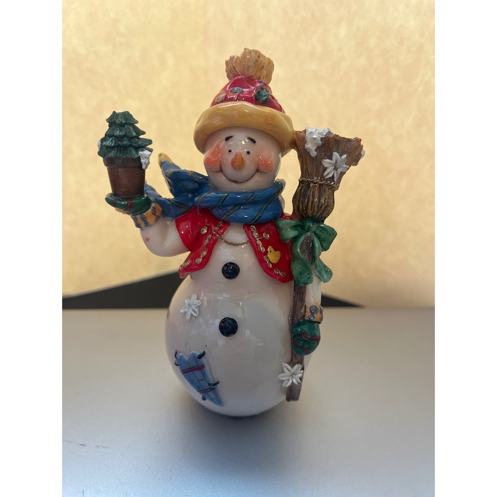 Vintage Snowman Figurine with Tree and Broom Christmas Holiday Decor 5.25"